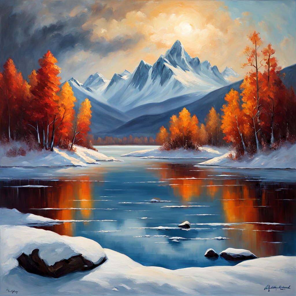 Serene Winter Lake Oil Painting with Crimson Trees