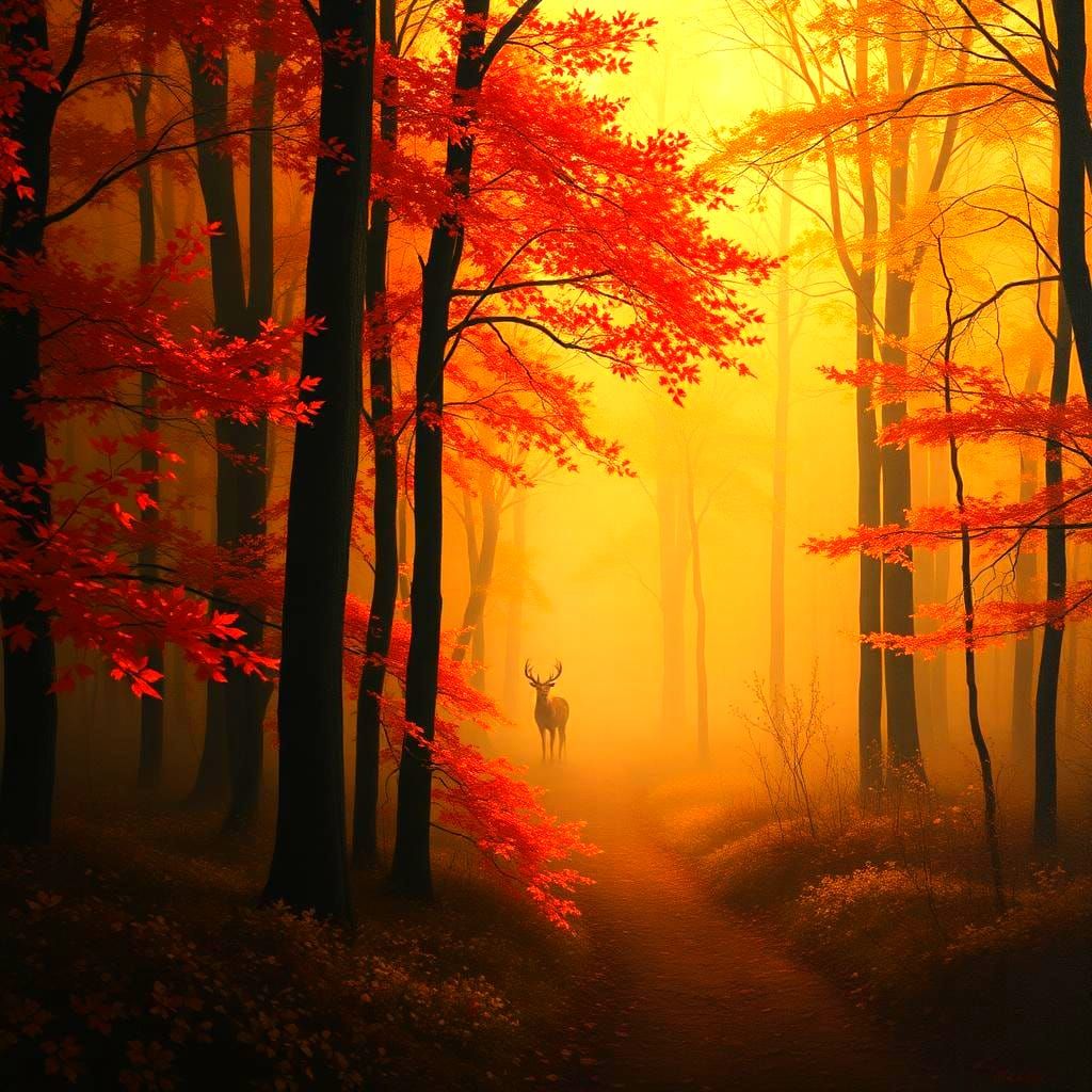 Autumn Forest in Golden Hour: Photorealistic Painting