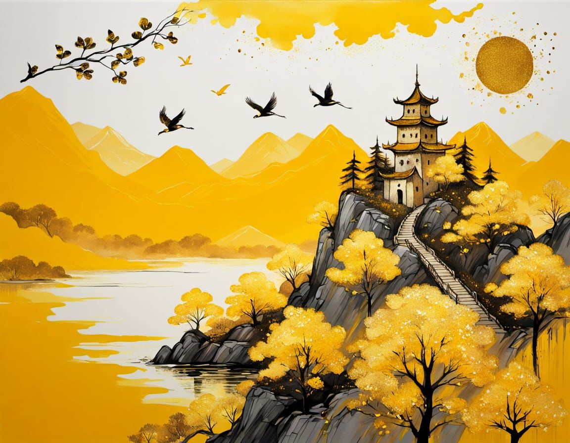 Cliffside Castle: A Sumi-e Fantasy Landscape