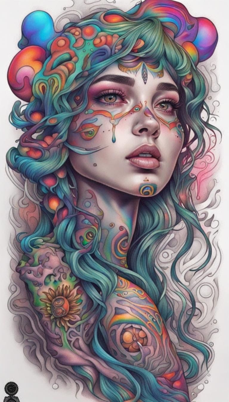 Psychedelic Tattooed Woman in Ultra-Realistic Style