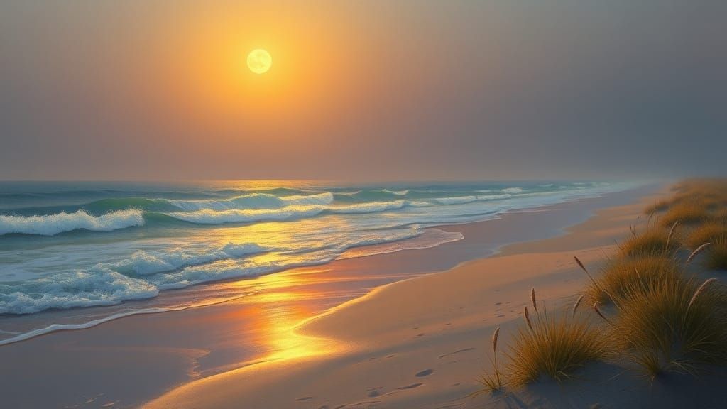 Twilight Beach Scene in Impressionist Style