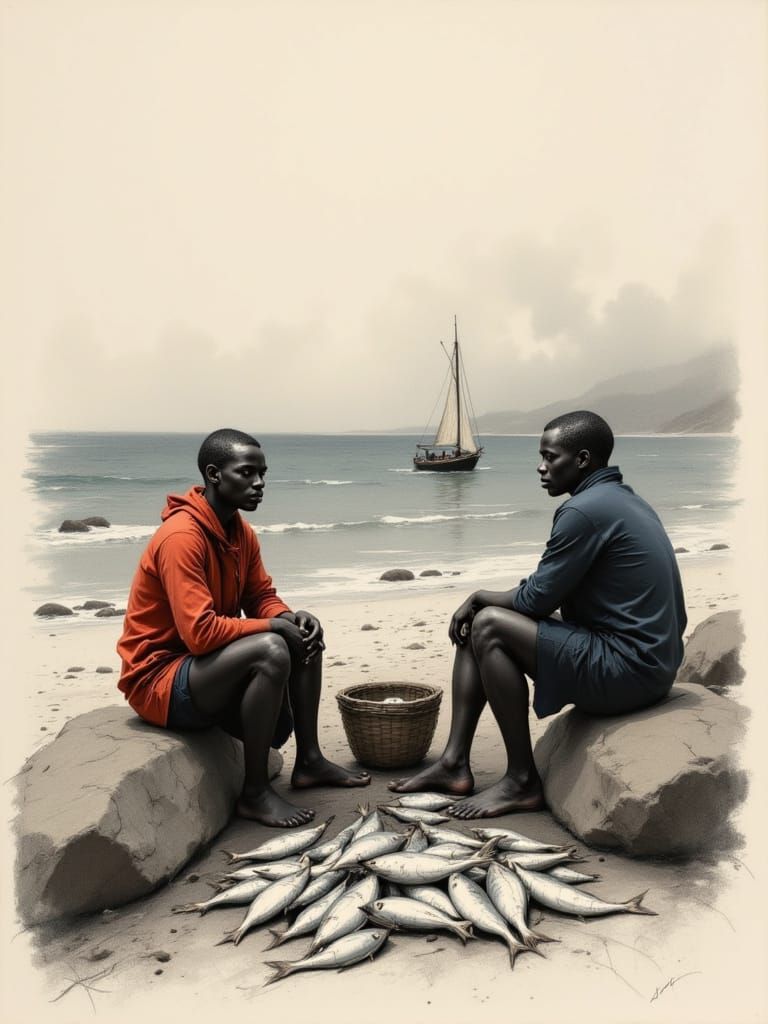 Fishermen Contemplating the Sea in Charcoal Sketch Style