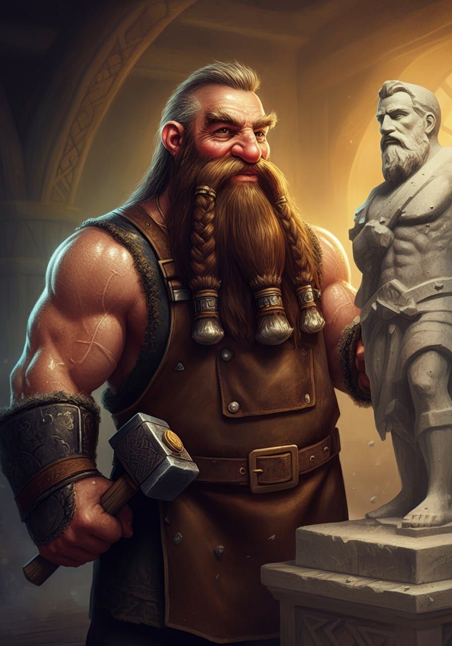 Ogri Stonesplitter, dwarven stonemason, looking proudly at t...