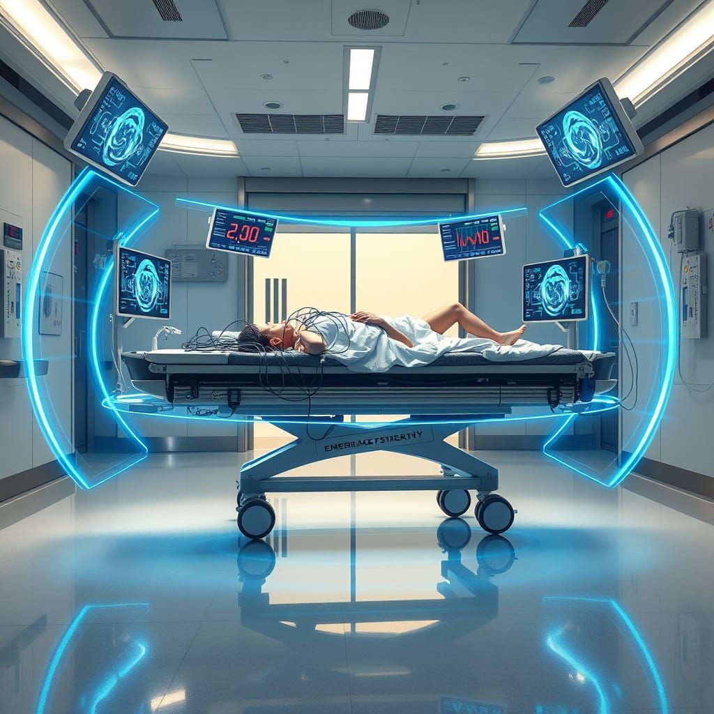 Floating Medical Gurney in Futuristic Emergency Room
