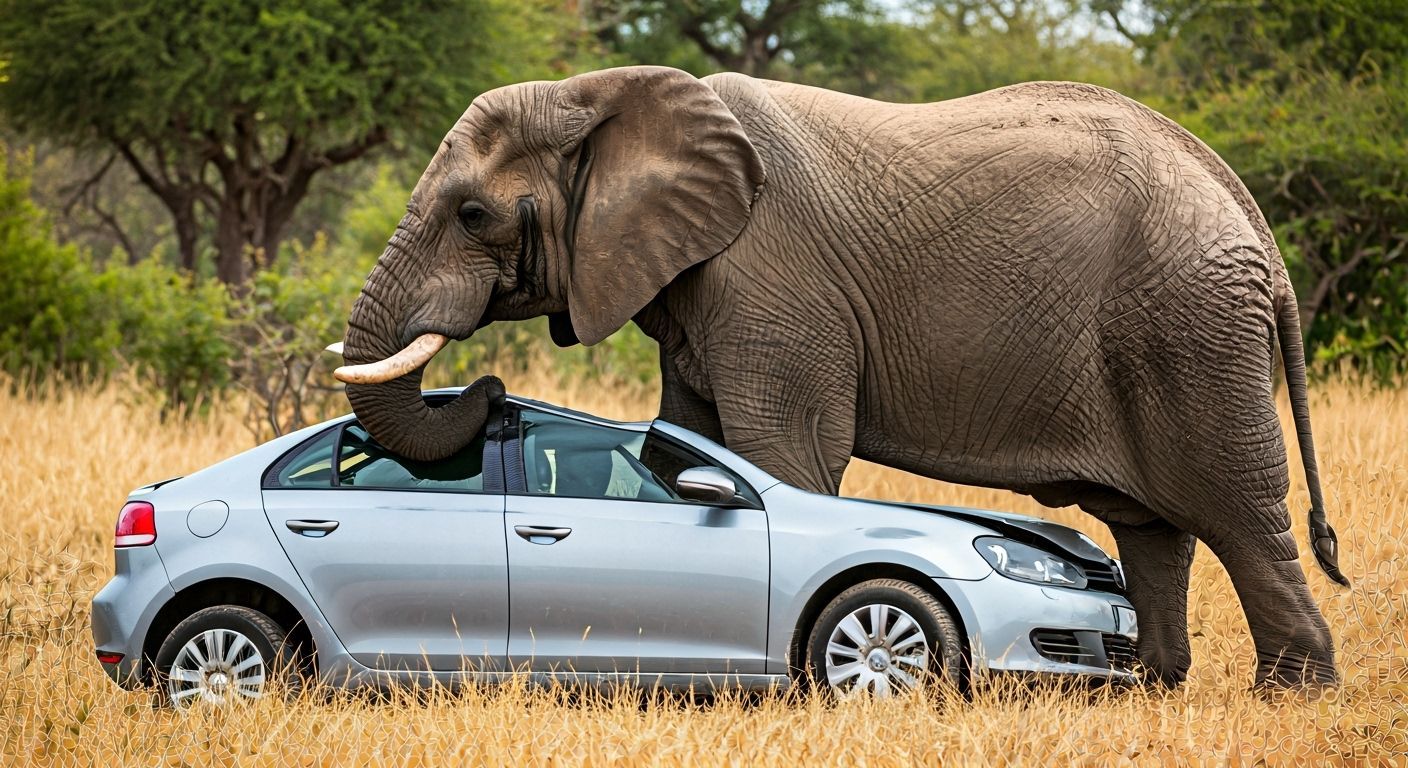 Elephant Crushing Car on African Savanna