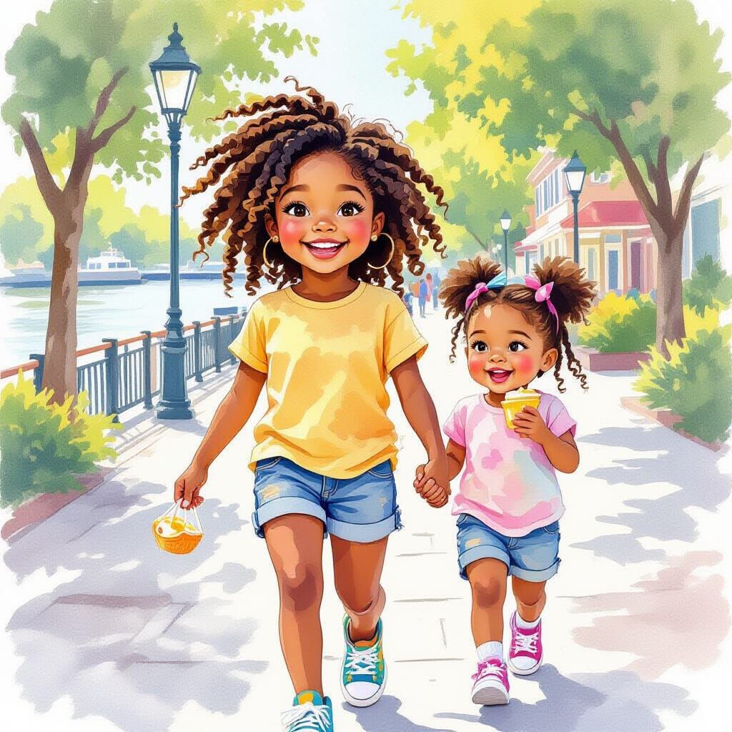 Smiling Girl with Braids Walking Riverwalk: Watercolor Art