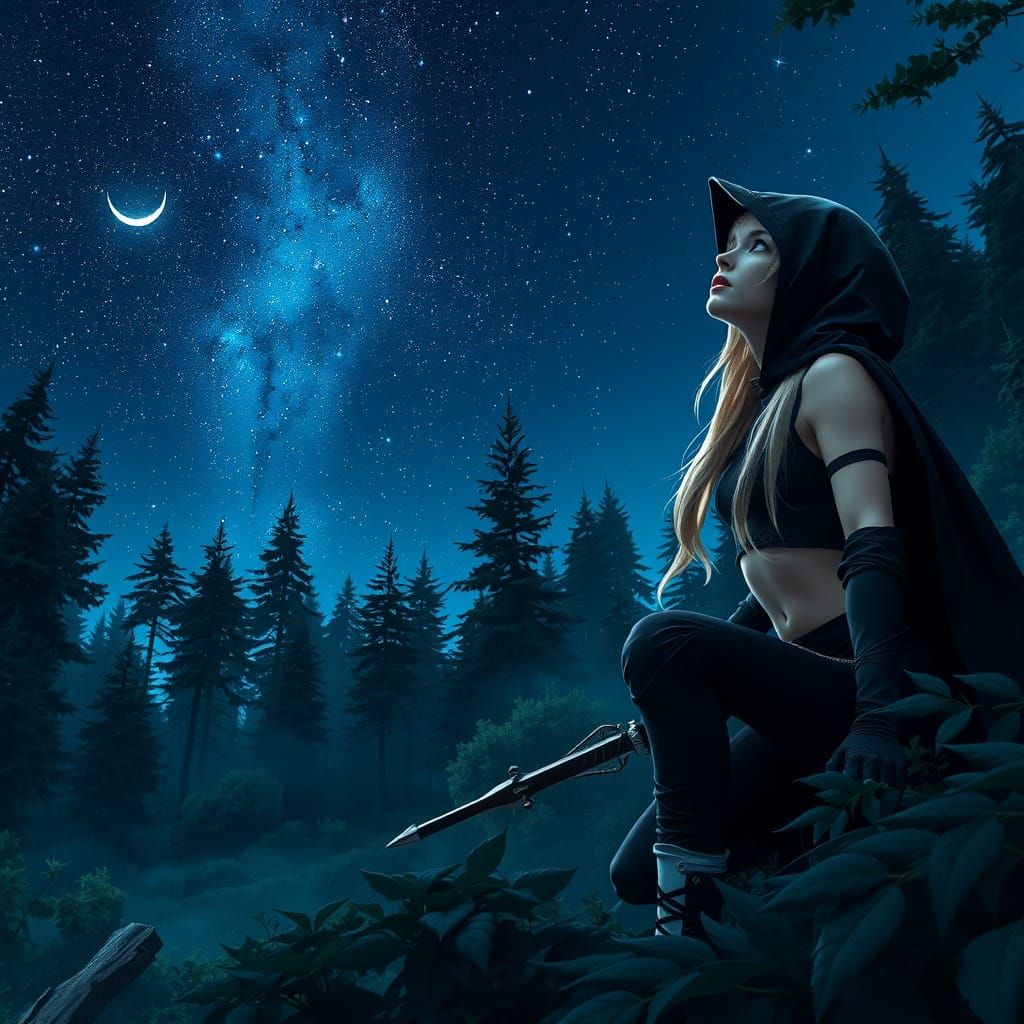 Ethereal Assassin Amidst a Celestial Landscape