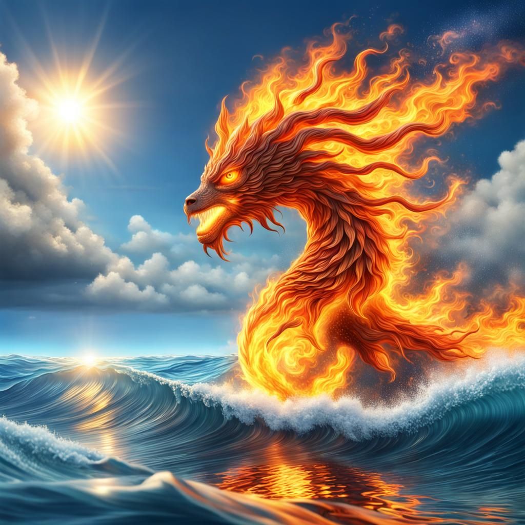 Realistic Fire Creature Rising from Ocean