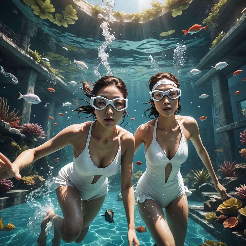Japanese Women Underwater: Detailed Matte Painting