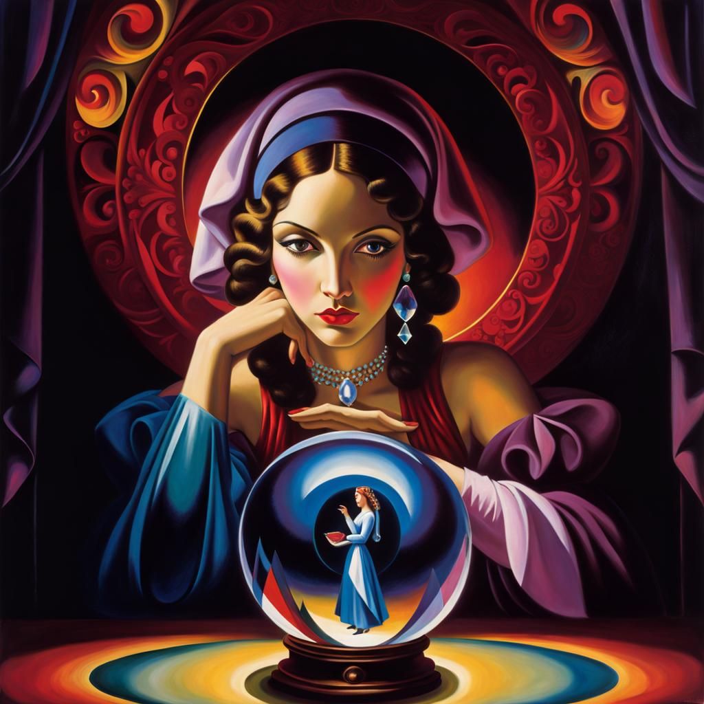 Gypsy Gazing into Magical Crystal Ball in Psychedelic Colors