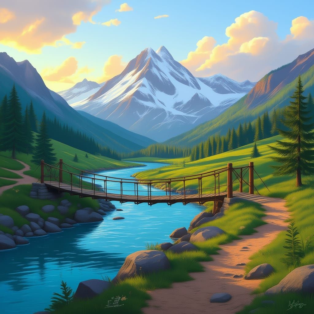 Golden Hour Sunset Over Mountain Landscape with Rope Bridge