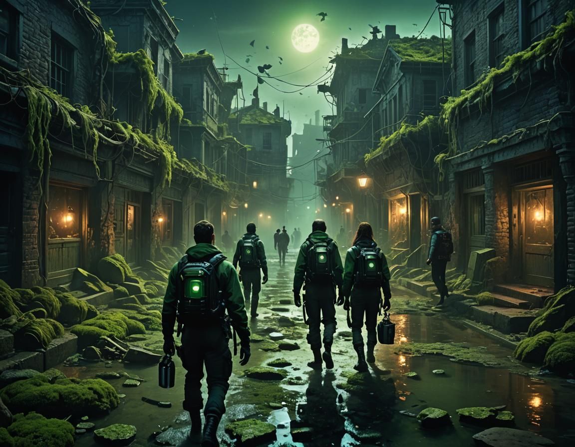 Underwater Dark Fantasy Town with Green Glow