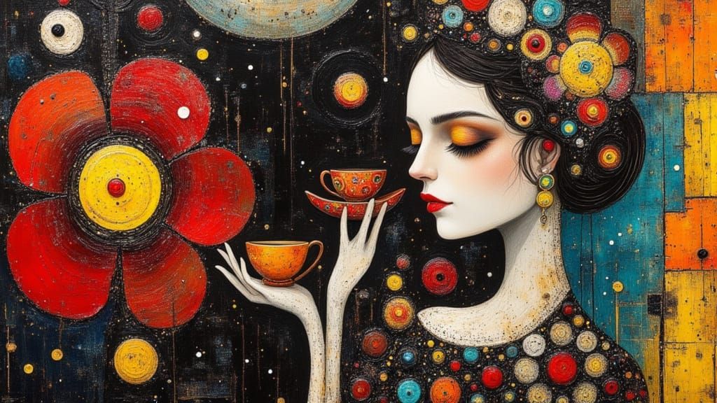 Woman's Surreal Tea Party in Dreamlike Color Fields