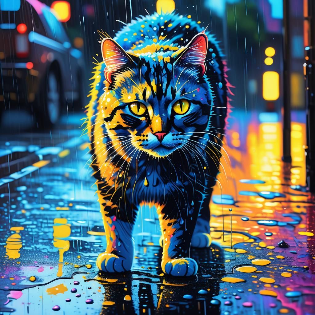 Cat in Rain: Graffiti Street Art in Bold Colors