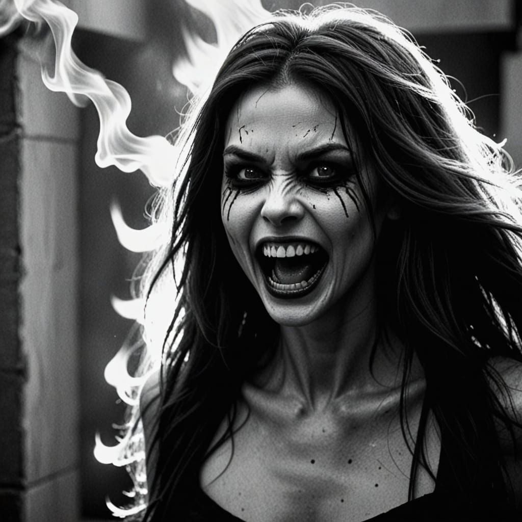 Sinister Woman in Monotone Black and White, Surrounded by Ur...