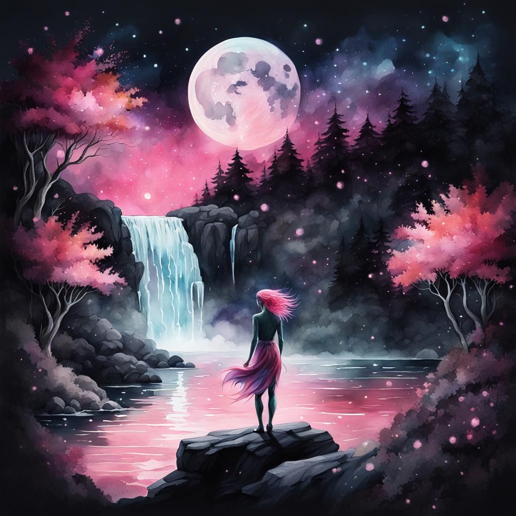 Dreamy Pink Fantasy: Woman by Waterfall in Watercolor