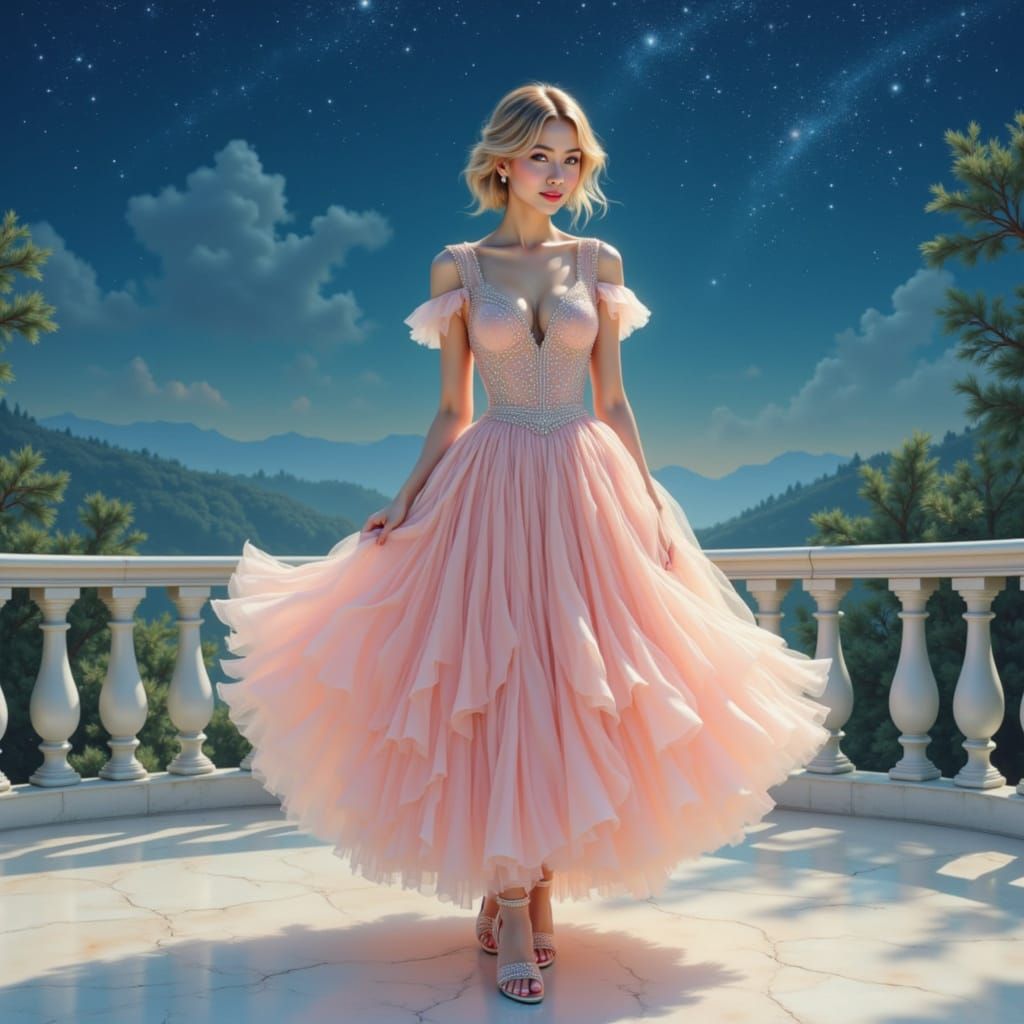 Elegant Woman in Chiffon Dress Under Starry Night