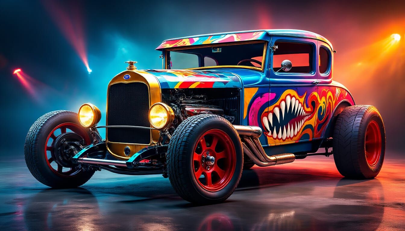 Vibrant Abstract Ford Coupe with Fangs and Claws