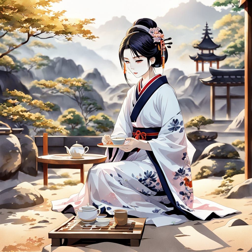 Elegant Anime Geisha Serving Tea in Zen Garden