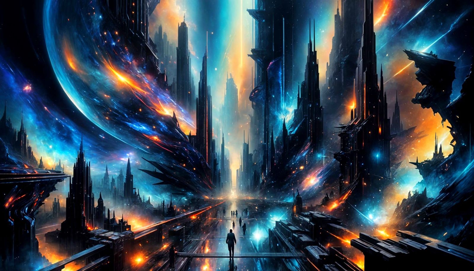 Ethereal City Emerges from Cosmic Gateway as Oil Painting