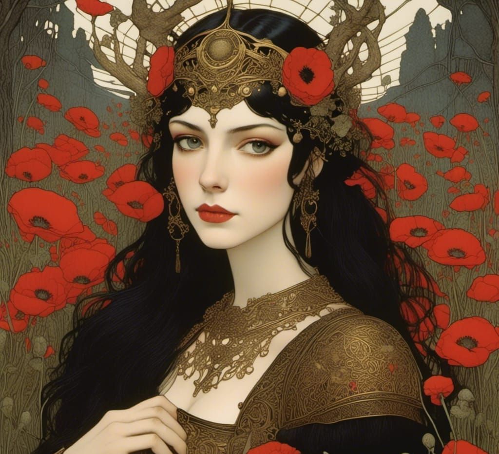 Feminine Warrior in Poppies: Dark Fantasy Oil Painting