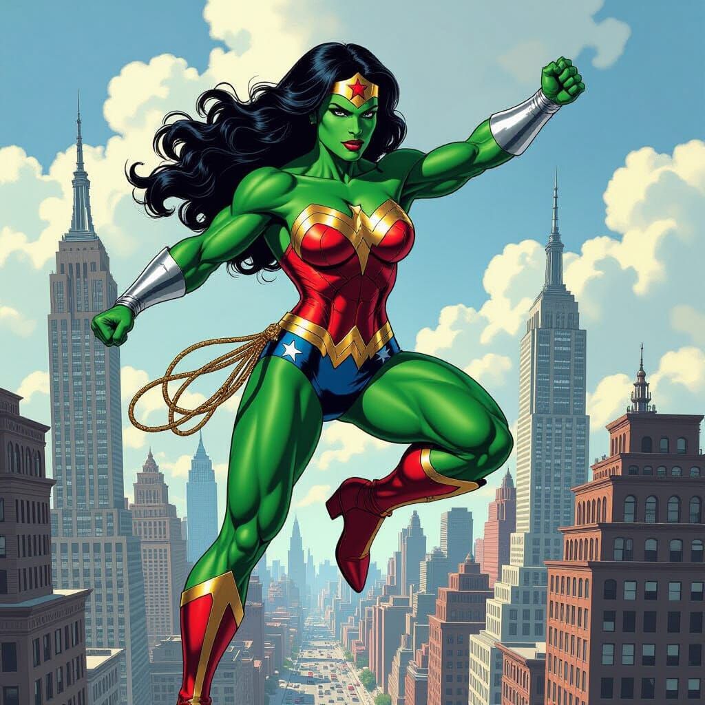 Emerald Wonder Woman Landing: Fantasy Art Style