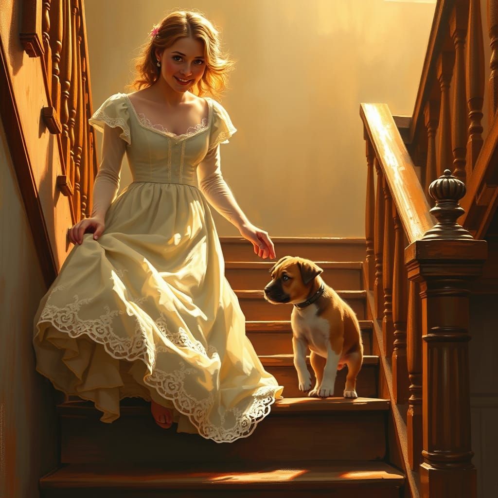 Lady Guides Puppy Up Stairs: Impressionistic Gurney Style