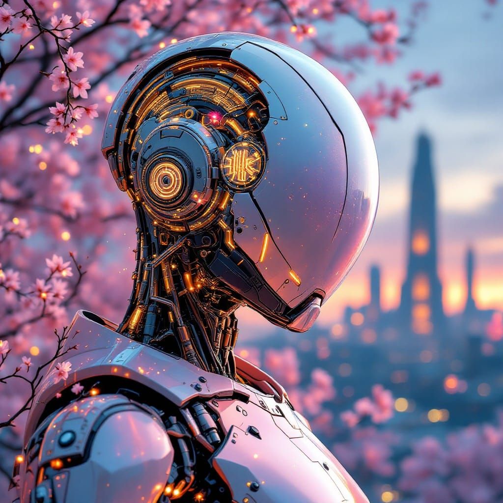 Mecha Pilot in Anime Style with Cherry Blossoms