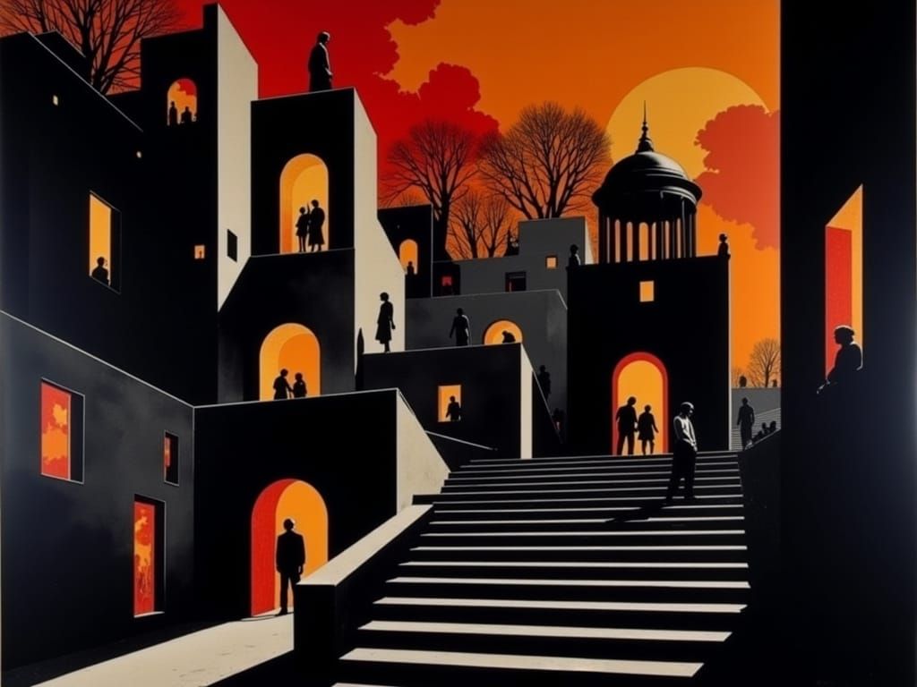 Surreal Crowd in a Sueded Hellscape with Golden Shimmer