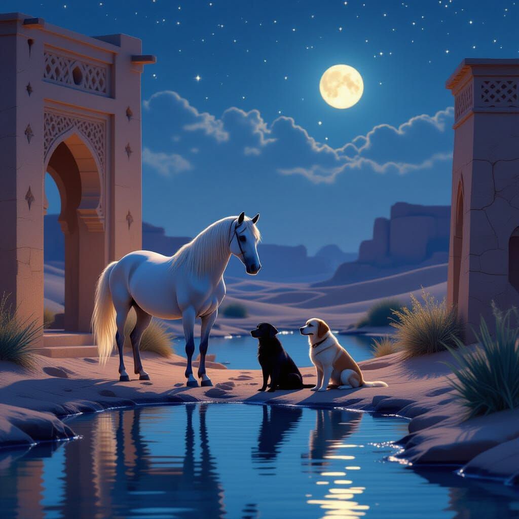 Arabian Mare with Dogs in Desert Oasis at Twilight