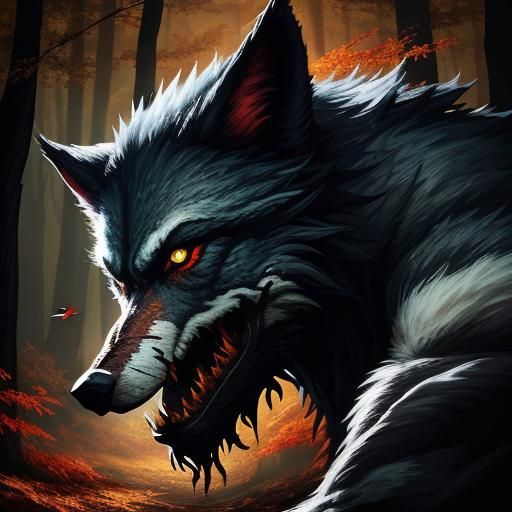 Hyperrealistic Werewolf in Autumn Woods: Splash Art