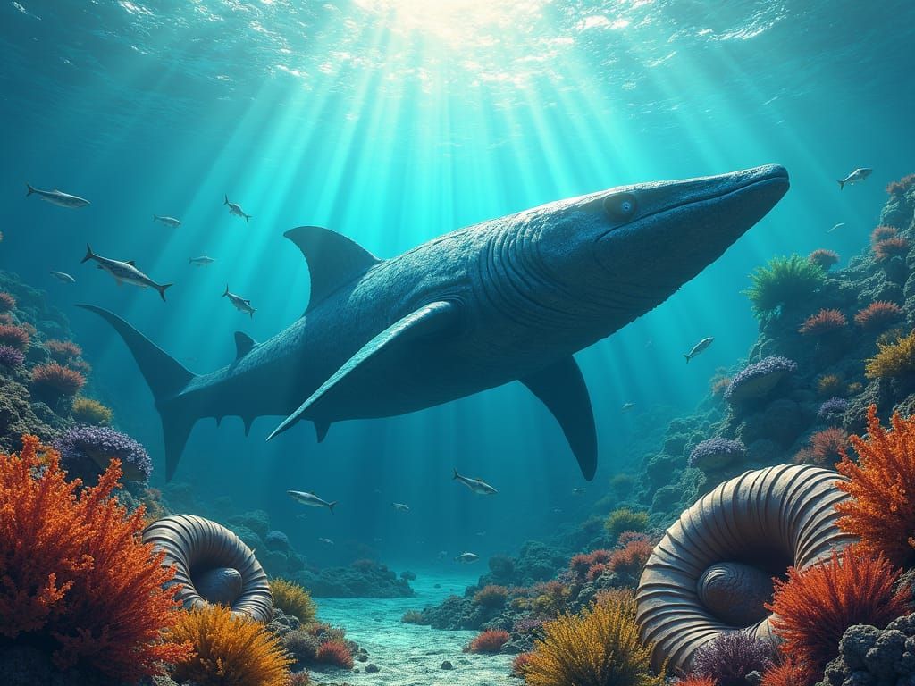 Megalodon in Prehistoric Coral Reef, Hyper-Realistic Style