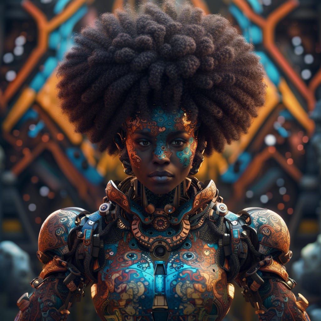 Afro robot with Afro patterns all over it