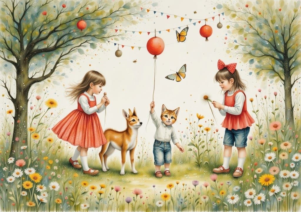 Children's Circus Performance in Garden, Illustrated Style