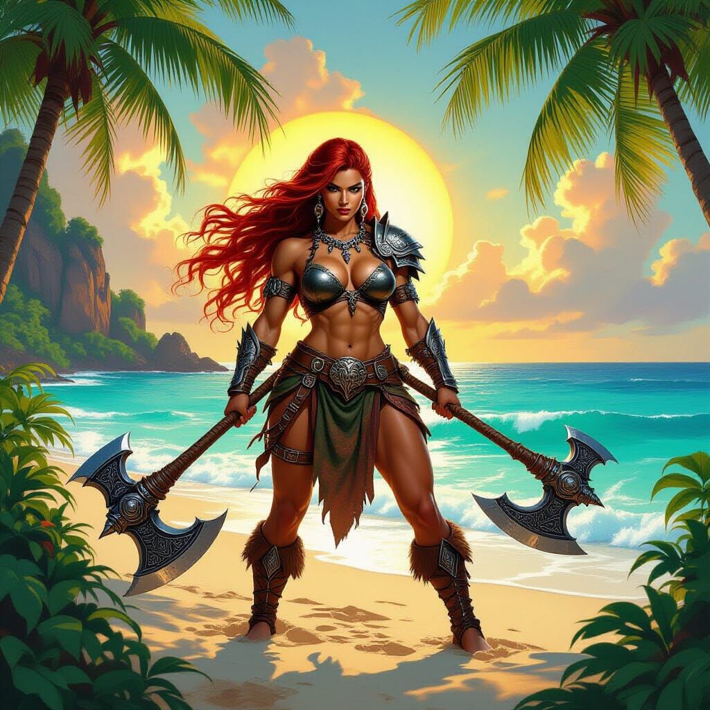 Muscular Barbarian Warrior on Tropical Beach
