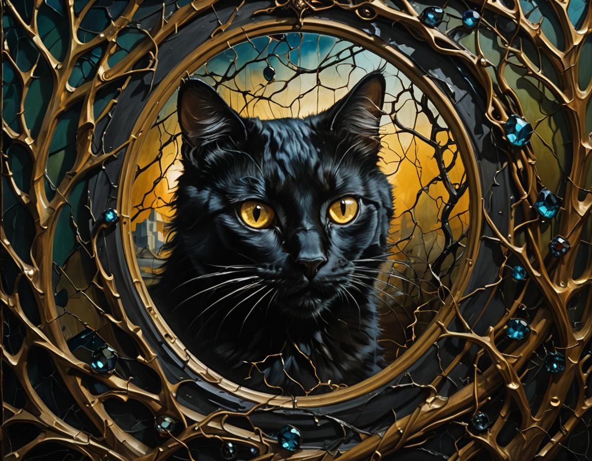 Mystical Black Cat and Broken Mirror in Surreal Style