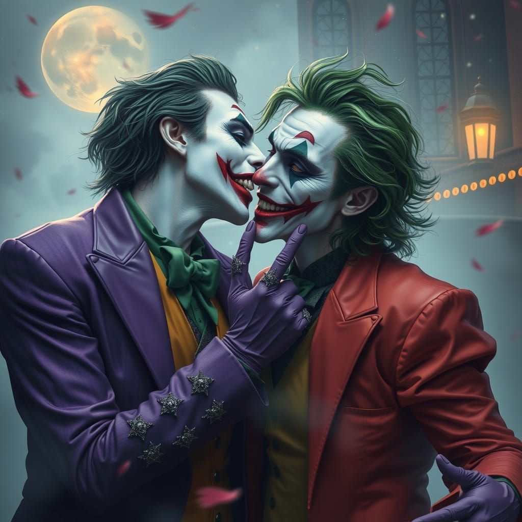 Two Jokers Kissing in Ethereal Fantasy Style