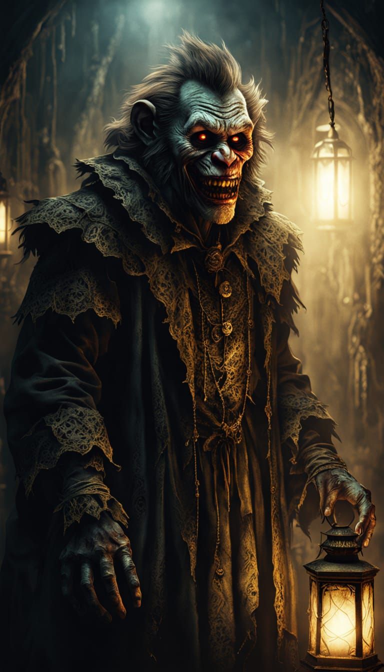 Eerie Dark Fantasy Portrait of a Twisted Zombie Monkey Clown