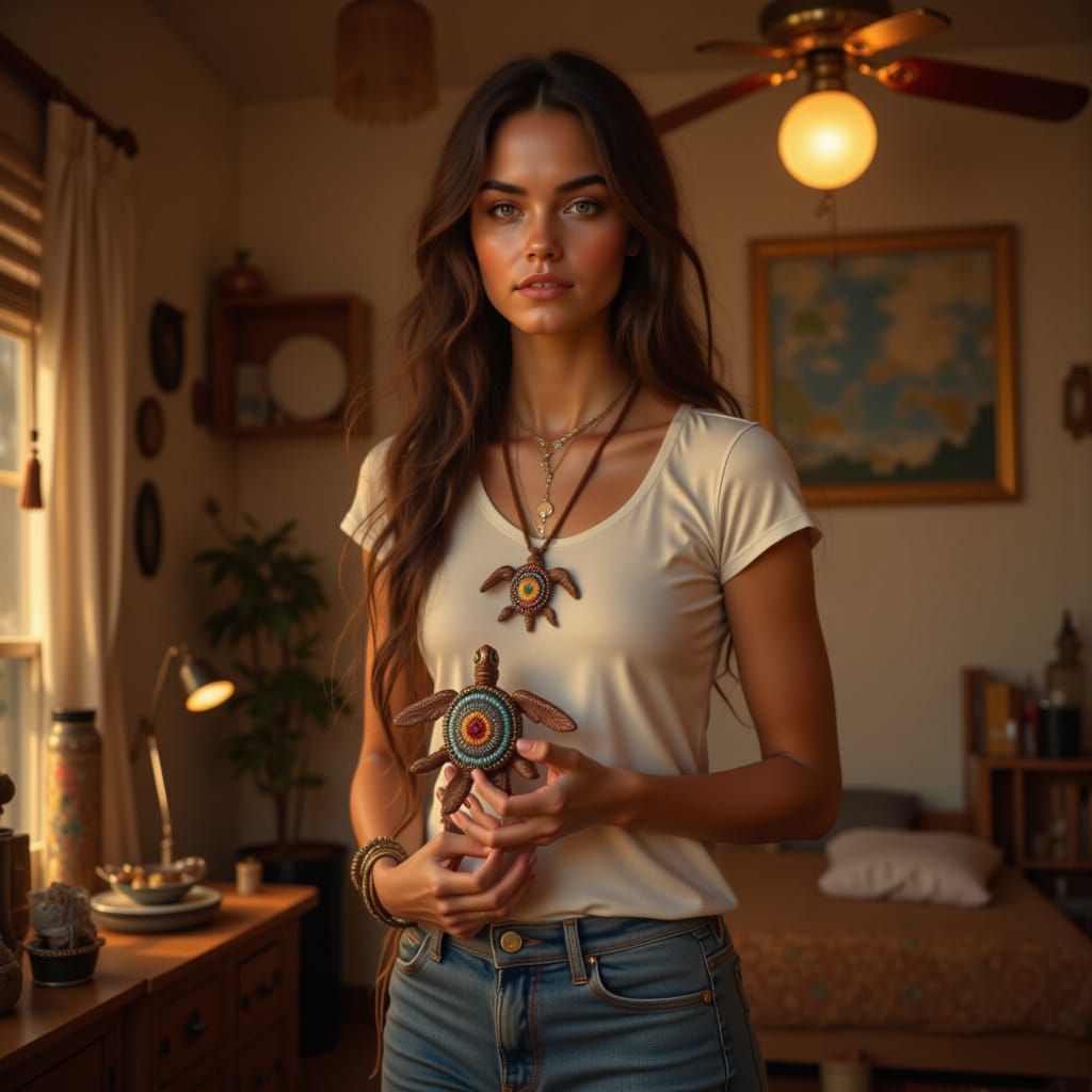 Woman Holds Intricate Beaded Turtle Amulet