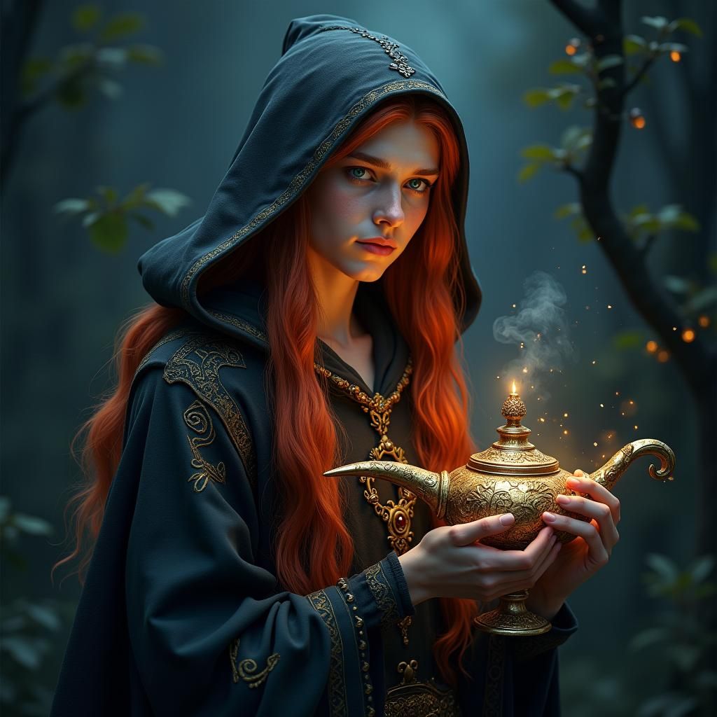 Redhead Elf Sorcerer with Magic Lamp: Matte Painting