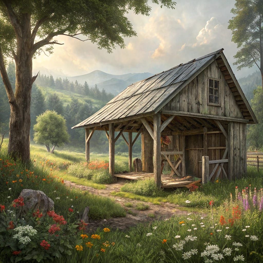 Weathered Woodshed in a Serene Rural Landscape