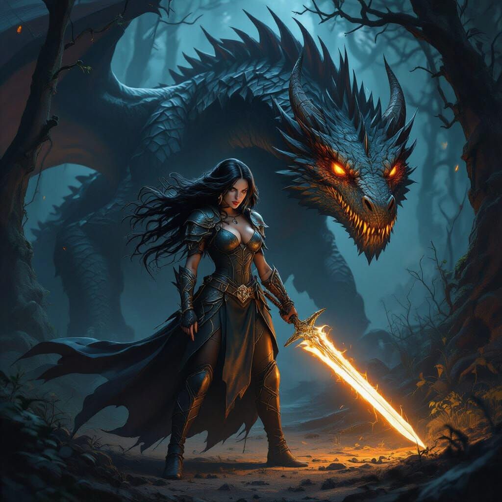 Witchy Warrior with Dragon in Dark Forest