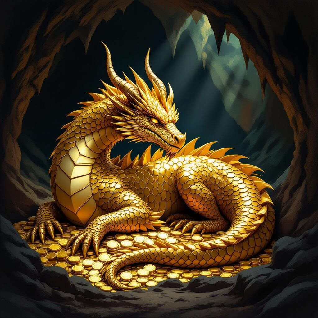 Gold Dragon Sleeping in a Cave, Painterly Style