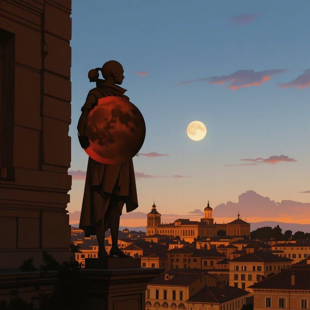 Giant Red Moon Over Rome Skyline with Distant Statue