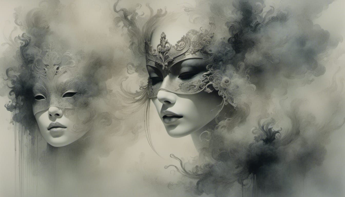 Venetian Masquerade in Ink Wash Style