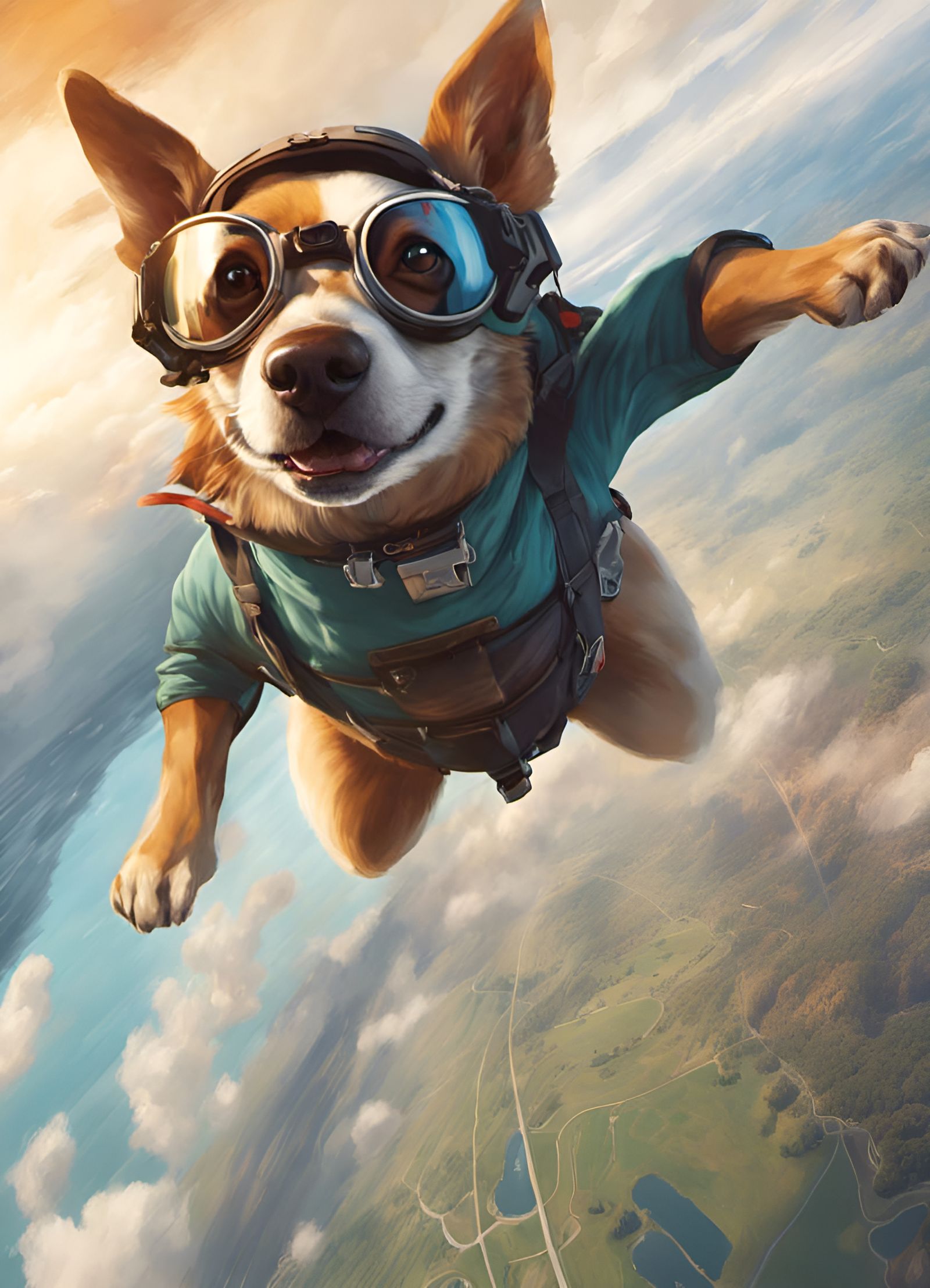 Dog in Wingsuit Soaring Through the Sky