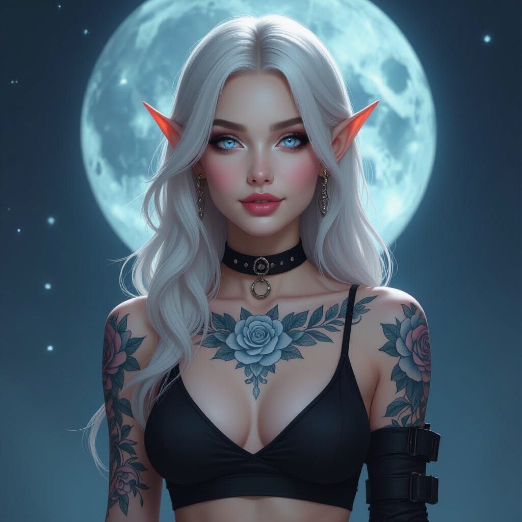 Elven Woman with Blue Eyes and Rose Tattoos in Moonlight
