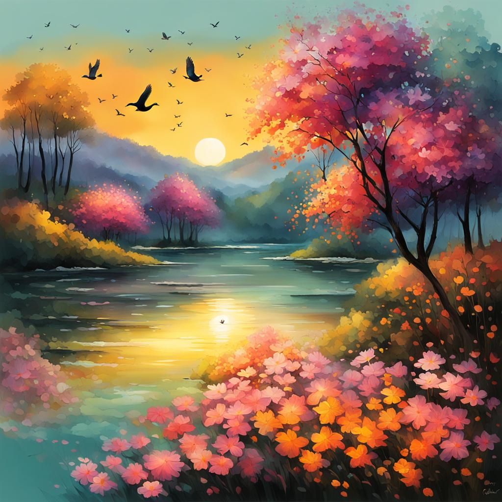 Idyllic Sunset Landscape with Tranquil Waters