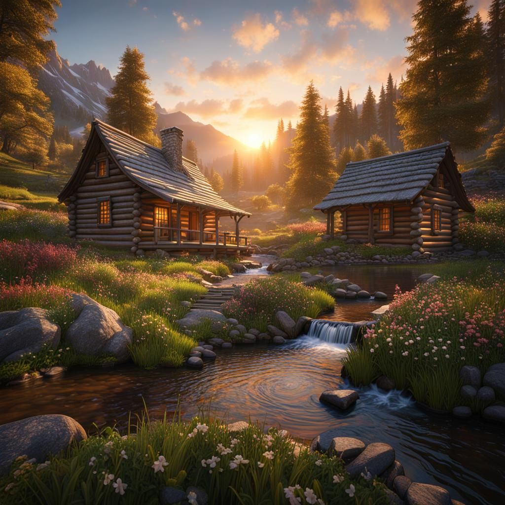 Mountain Stream Cabin at Sunrise: Fantasy Matte Painting