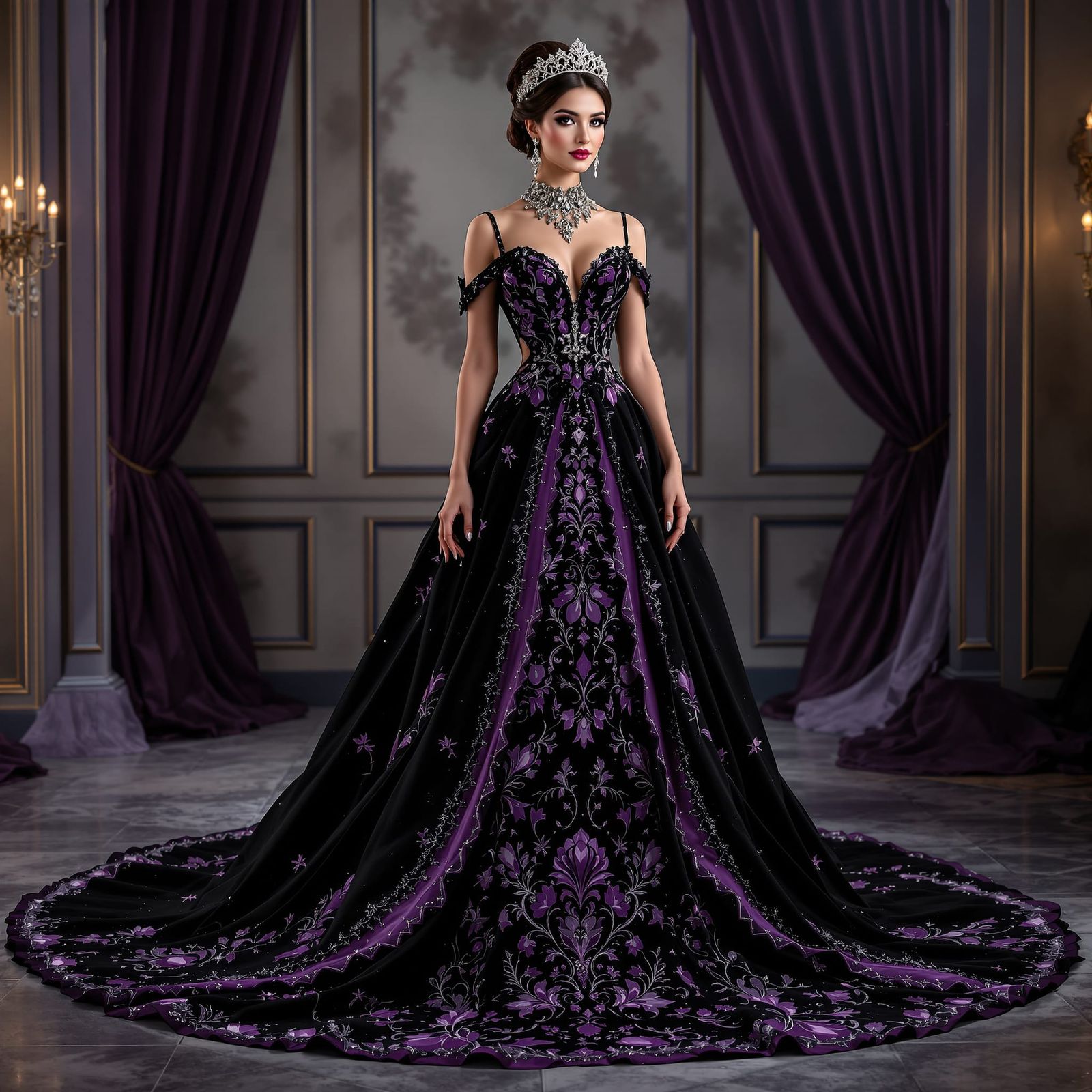 Elegant Black and Purple Wedding Dress on Full-Bodied Woman